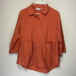 Habitat Women M Crinkle Button Up Shirt Orange Stripe Lightweight Breathable Top